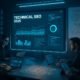 Futuristisches Büro-Setup mit großen Bildschirm, Serverracks, Whiteboard und Fachleuten bei der SEO-Optimierung, im High-Tech Ambiente mit Neonlichtern.
