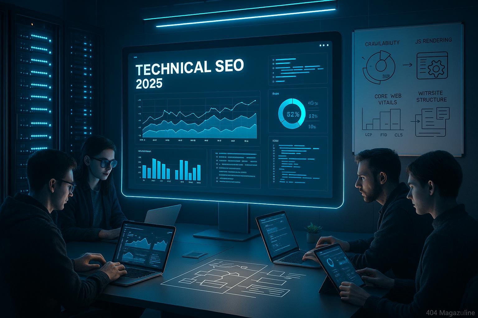 Futuristisches Büro-Setup mit großen Bildschirm, Serverracks, Whiteboard und Fachleuten bei der SEO-Optimierung, im High-Tech Ambiente mit Neonlichtern.