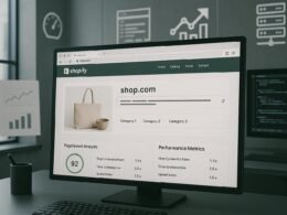 Großer Monitor im Büro zeigt eine übersichtliche Shopify-Webseite mit Ladezeit-Analyse, umgeben von Symbolen für Performance, Crawlability und technische Optimierung.