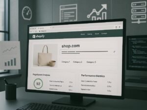 Großer Monitor im Büro zeigt eine übersichtliche Shopify-Webseite mit Ladezeit-Analyse, umgeben von Symbolen für Performance, Crawlability und technische Optimierung.