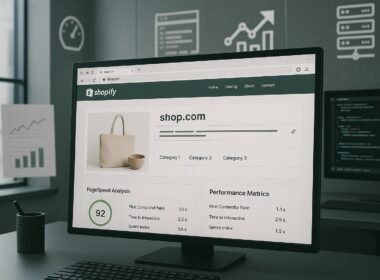 Großer Monitor im Büro zeigt eine übersichtliche Shopify-Webseite mit Ladezeit-Analyse, umgeben von Symbolen für Performance, Crawlability und technische Optimierung.