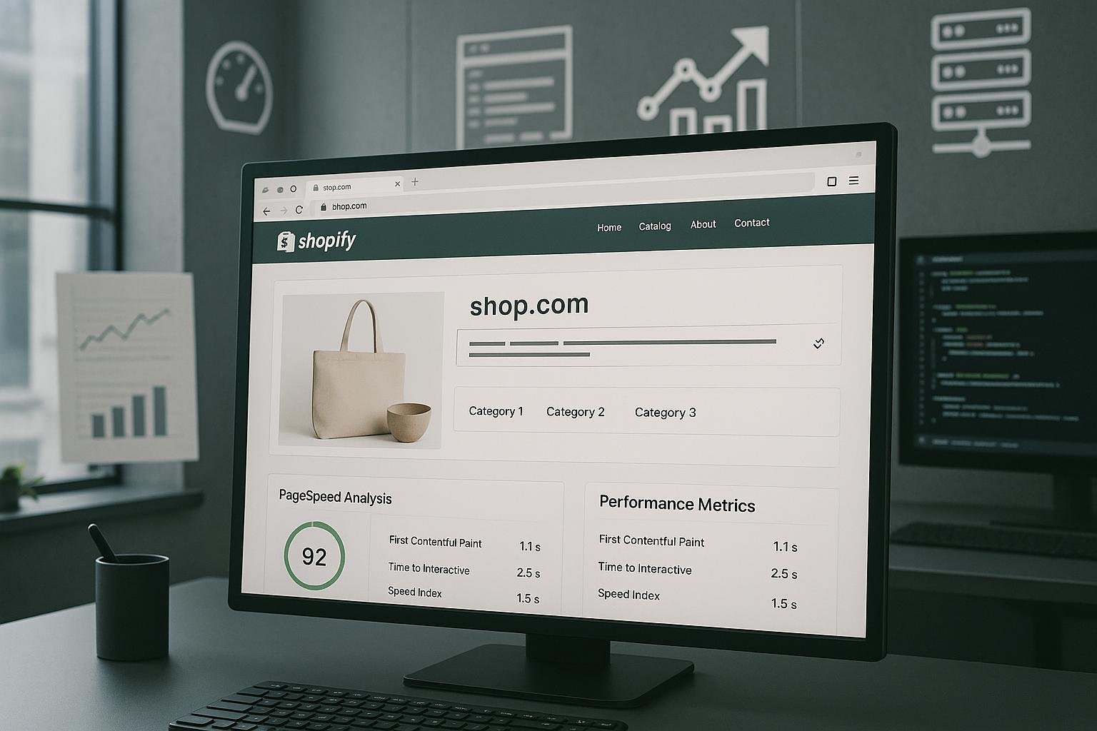 Großer Monitor im Büro zeigt eine übersichtliche Shopify-Webseite mit Ladezeit-Analyse, umgeben von Symbolen für Performance, Crawlability und technische Optimierung.