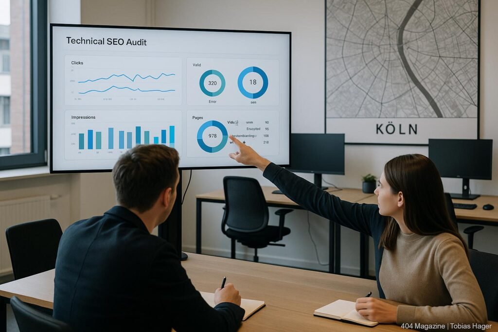 Zwei Fachleute in einem modernen Büro in Köln, die technische SEO-Analysen auf einem großen Bildschirm betrachten, im Hintergrund eine Karte von Köln und technische Geräte.