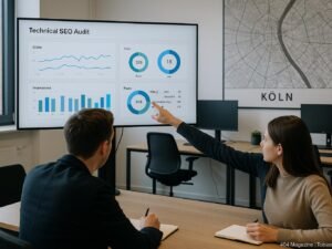 Zwei Fachleute in einem modernen Büro in Köln, die technische SEO-Analysen auf einem großen Bildschirm betrachten, im Hintergrund eine Karte von Köln und technische Geräte.