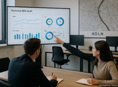 Zwei Fachleute in einem modernen Büro in Köln, die technische SEO-Analysen auf einem großen Bildschirm betrachten, im Hintergrund eine Karte von Köln und technische Geräte.