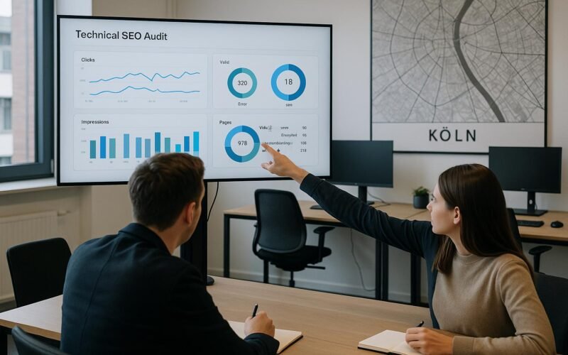 Zwei Fachleute in einem modernen Büro in Köln, die technische SEO-Analysen auf einem großen Bildschirm betrachten, im Hintergrund eine Karte von Köln und technische Geräte.