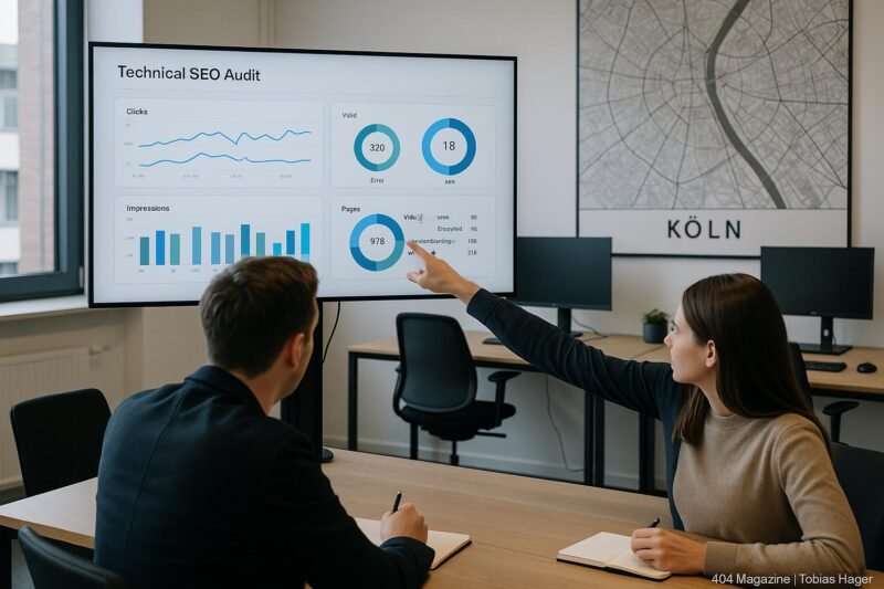 Zwei Fachleute in einem modernen Büro in Köln, die technische SEO-Analysen auf einem großen Bildschirm betrachten, im Hintergrund eine Karte von Köln und technische Geräte.