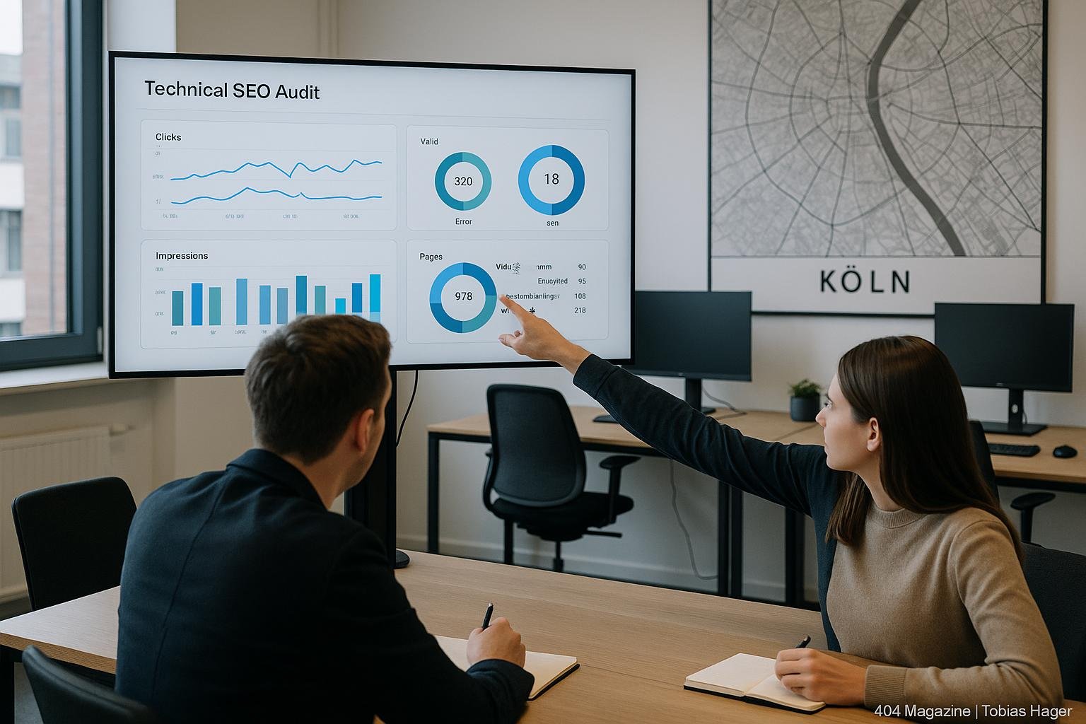 Zwei Fachleute in einem modernen Büro in Köln, die technische SEO-Analysen auf einem großen Bildschirm betrachten, im Hintergrund eine Karte von Köln und technische Geräte.