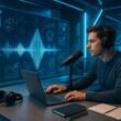 Futuristisches Büro mit transparentem Bildschirm, Klangvisualisierung, Person beim Podcast, Kopfhörer, Laptop, Notizbücher, blaue und silberne Akzente, inspiriert von Technologie und Sound, Credit: 404 Magazine (Tobias Hager)