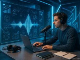 Futuristisches Büro mit transparentem Bildschirm, Klangvisualisierung, Person beim Podcast, Kopfhörer, Laptop, Notizbücher, blaue und silberne Akzente, inspiriert von Technologie und Sound, Credit: 404 Magazine (Tobias Hager)