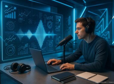 Futuristisches Büro mit transparentem Bildschirm, Klangvisualisierung, Person beim Podcast, Kopfhörer, Laptop, Notizbücher, blaue und silberne Akzente, inspiriert von Technologie und Sound, Credit: 404 Magazine (Tobias Hager)