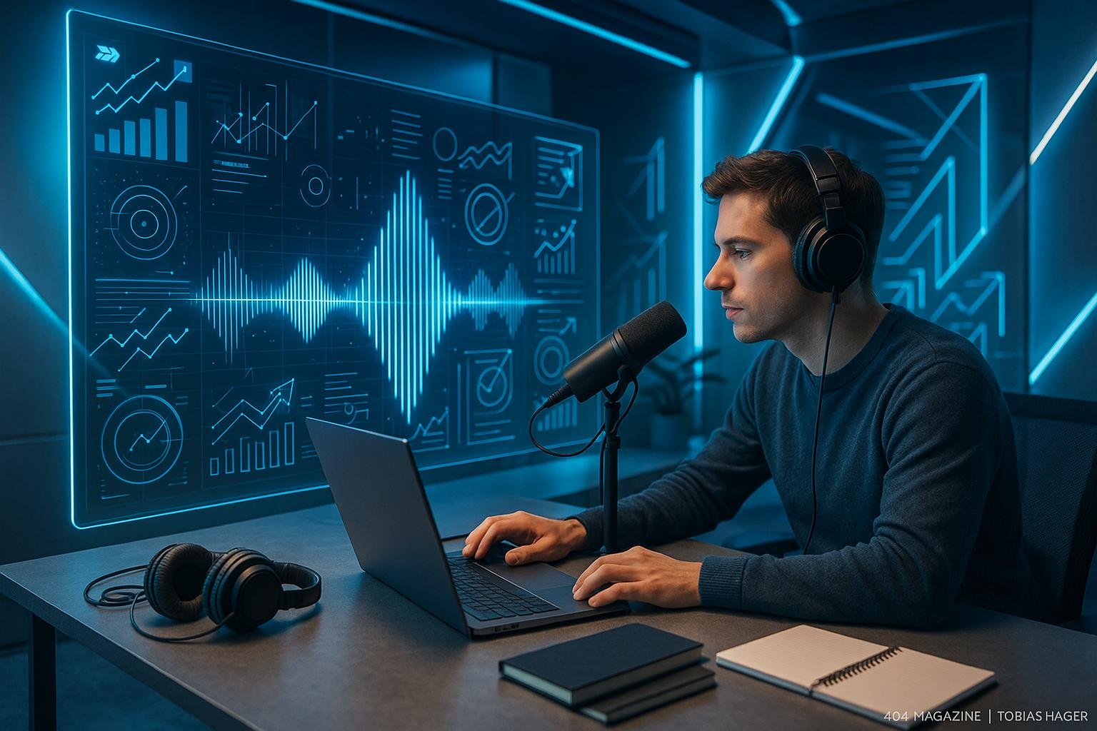 Futuristisches Büro mit transparentem Bildschirm, Klangvisualisierung, Person beim Podcast, Kopfhörer, Laptop, Notizbücher, blaue und silberne Akzente, inspiriert von Technologie und Sound, Credit: 404 Magazine (Tobias Hager)