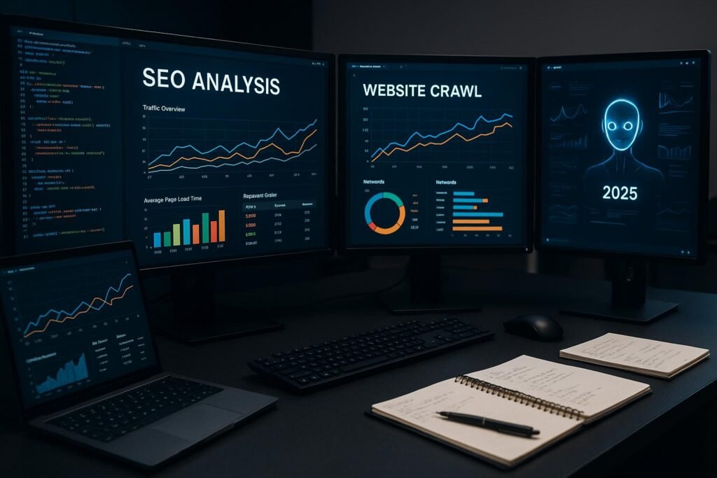 Moderner Arbeitsplatz mit mehreren Monitoren, die detaillierte SEO-Analysen, Datenvisualisierungen und Website-Statistiken anzeigen, im Hintergrund Laptops, Notizen und ein KI-Interface.