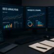 Moderner Arbeitsplatz mit mehreren Monitoren, die detaillierte SEO-Analysen, Datenvisualisierungen und Website-Statistiken anzeigen, im Hintergrund Laptops, Notizen und ein KI-Interface.