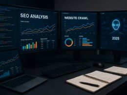 Moderner Arbeitsplatz mit mehreren Monitoren, die detaillierte SEO-Analysen, Datenvisualisierungen und Website-Statistiken anzeigen, im Hintergrund Laptops, Notizen und ein KI-Interface.