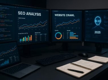 Moderner Arbeitsplatz mit mehreren Monitoren, die detaillierte SEO-Analysen, Datenvisualisierungen und Website-Statistiken anzeigen, im Hintergrund Laptops, Notizen und ein KI-Interface.