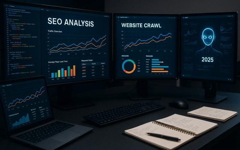 Moderner Arbeitsplatz mit mehreren Monitoren, die detaillierte SEO-Analysen, Datenvisualisierungen und Website-Statistiken anzeigen, im Hintergrund Laptops, Notizen und ein KI-Interface.