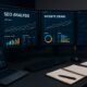 Moderner Arbeitsplatz mit mehreren Monitoren, die detaillierte SEO-Analysen, Datenvisualisierungen und Website-Statistiken anzeigen, im Hintergrund Laptops, Notizen und ein KI-Interface.