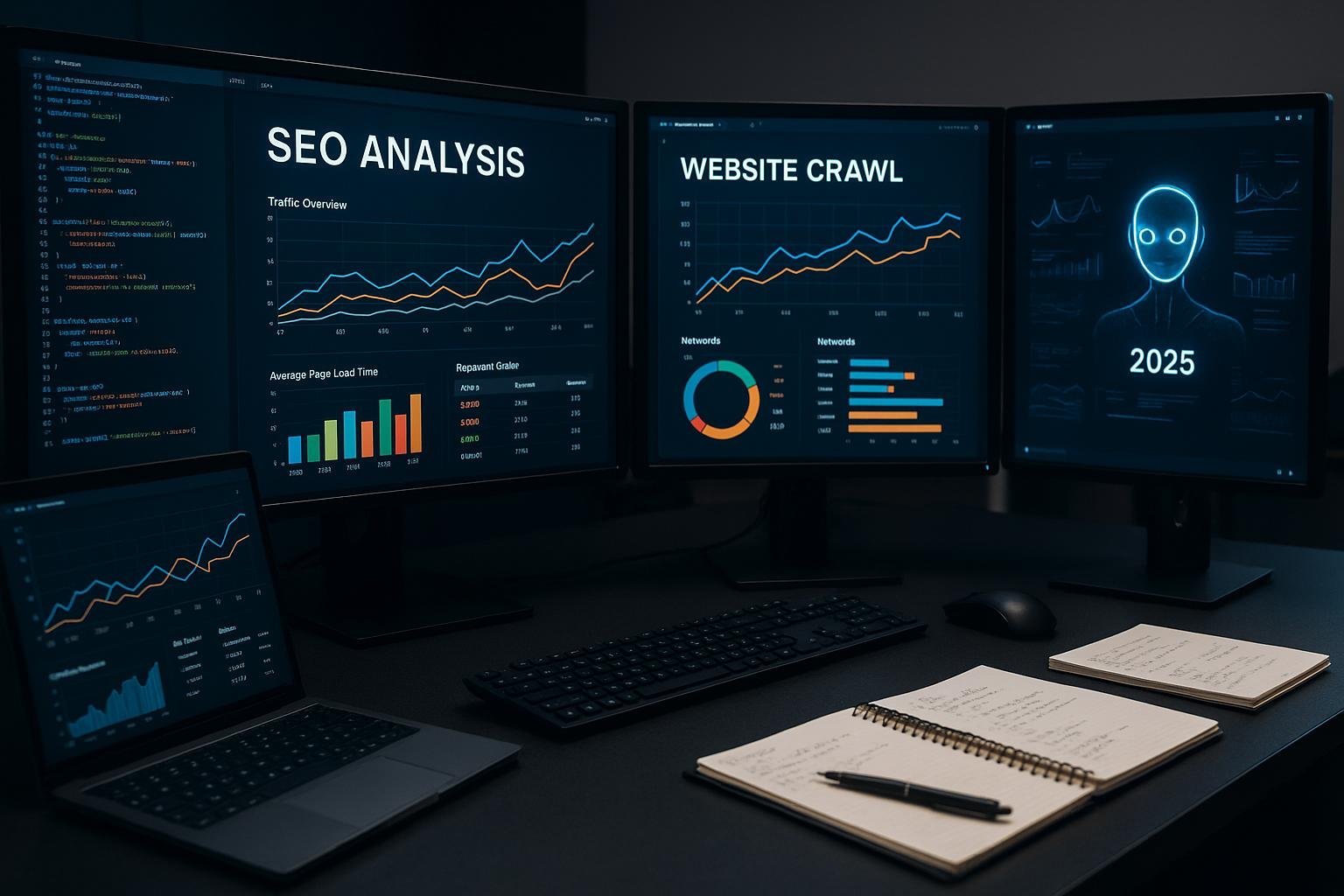 Moderner Arbeitsplatz mit mehreren Monitoren, die detaillierte SEO-Analysen, Datenvisualisierungen und Website-Statistiken anzeigen, im Hintergrund Laptops, Notizen und ein KI-Interface.