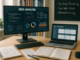 Moderner Arbeitsplatz mit mehreren Monitoren, Code, Diagrammen, handschriftlichen Notizen und Fachbüchern zu SEO und Webentwicklung in einem gut beleuchteten Büro