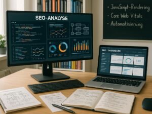 Moderner Arbeitsplatz mit mehreren Monitoren, Code, Diagrammen, handschriftlichen Notizen und Fachbüchern zu SEO und Webentwicklung in einem gut beleuchteten Büro