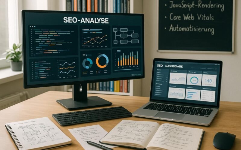 Moderner Arbeitsplatz mit mehreren Monitoren, Code, Diagrammen, handschriftlichen Notizen und Fachbüchern zu SEO und Webentwicklung in einem gut beleuchteten Büro