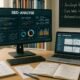 Moderner Arbeitsplatz mit mehreren Monitoren, Code, Diagrammen, handschriftlichen Notizen und Fachbüchern zu SEO und Webentwicklung in einem gut beleuchteten Büro