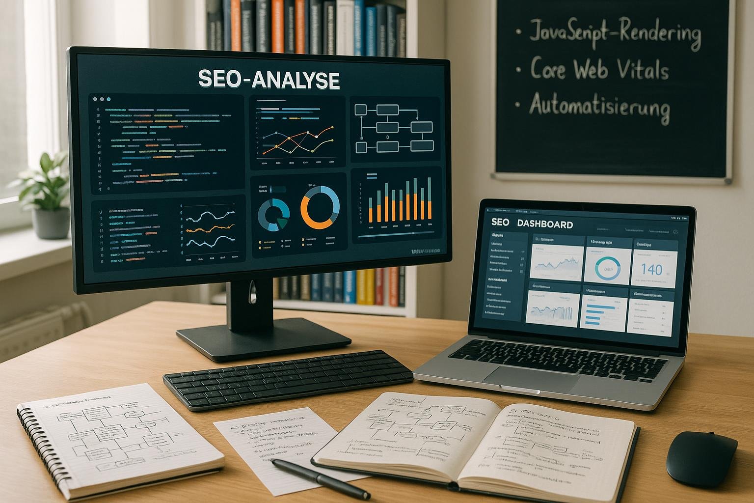 Moderner Arbeitsplatz mit mehreren Monitoren, Code, Diagrammen, handschriftlichen Notizen und Fachbüchern zu SEO und Webentwicklung in einem gut beleuchteten Büro