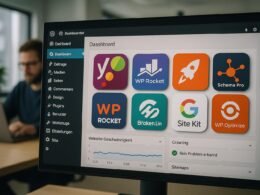 Bild einer WordPress-Website mit SEO-Plugins, Website-Statistiken und einem Entwickler im Hintergrund, vermittelt technische Kompetenz und Optimierungsstrategien.
