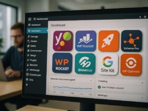 Bild einer WordPress-Website mit SEO-Plugins, Website-Statistiken und einem Entwickler im Hintergrund, vermittelt technische Kompetenz und Optimierungsstrategien.