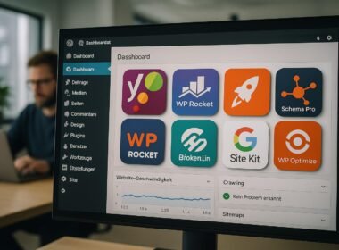 Bild einer WordPress-Website mit SEO-Plugins, Website-Statistiken und einem Entwickler im Hintergrund, vermittelt technische Kompetenz und Optimierungsstrategien.