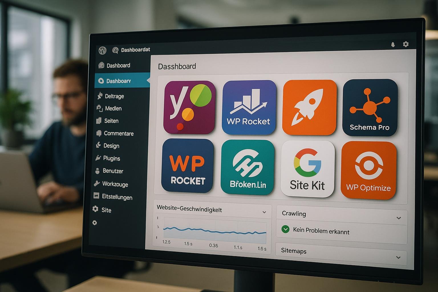 Bild einer WordPress-Website mit SEO-Plugins, Website-Statistiken und einem Entwickler im Hintergrund, vermittelt technische Kompetenz und Optimierungsstrategien.