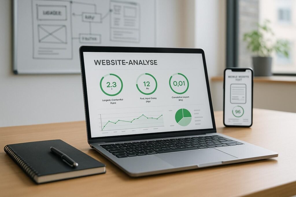Modernes Büro mit Laptop, Notizbuch, Whiteboard und Smartphone, gezeigt werden Website-Analysen und Core Web Vitals