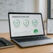 Modernes Büro mit Laptop, Notizbuch, Whiteboard und Smartphone, gezeigt werden Website-Analysen und Core Web Vitals