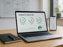 Modernes Büro mit Laptop, Notizbuch, Whiteboard und Smartphone, gezeigt werden Website-Analysen und Core Web Vitals