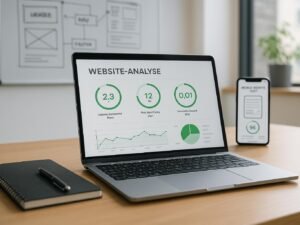 Modernes Büro mit Laptop, Notizbuch, Whiteboard und Smartphone, gezeigt werden Website-Analysen und Core Web Vitals
