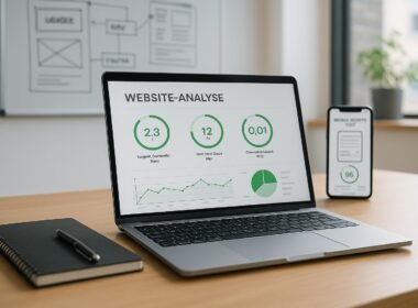 Modernes Büro mit Laptop, Notizbuch, Whiteboard und Smartphone, gezeigt werden Website-Analysen und Core Web Vitals