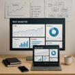 Arbeitsplatz mit Laptop, großem Monitor, Whiteboards und SEO-Diagrammen, umgeben von Notizbüchern, Kaffee und Smartphone, strahlt Konzentration aus
