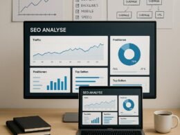 Arbeitsplatz mit Laptop, großem Monitor, Whiteboards und SEO-Diagrammen, umgeben von Notizbüchern, Kaffee und Smartphone, strahlt Konzentration aus