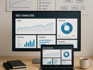 Arbeitsplatz mit Laptop, großem Monitor, Whiteboards und SEO-Diagrammen, umgeben von Notizbüchern, Kaffee und Smartphone, strahlt Konzentration aus