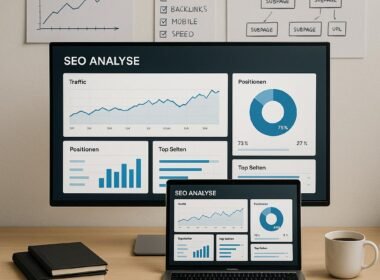Arbeitsplatz mit Laptop, großem Monitor, Whiteboards und SEO-Diagrammen, umgeben von Notizbüchern, Kaffee und Smartphone, strahlt Konzentration aus