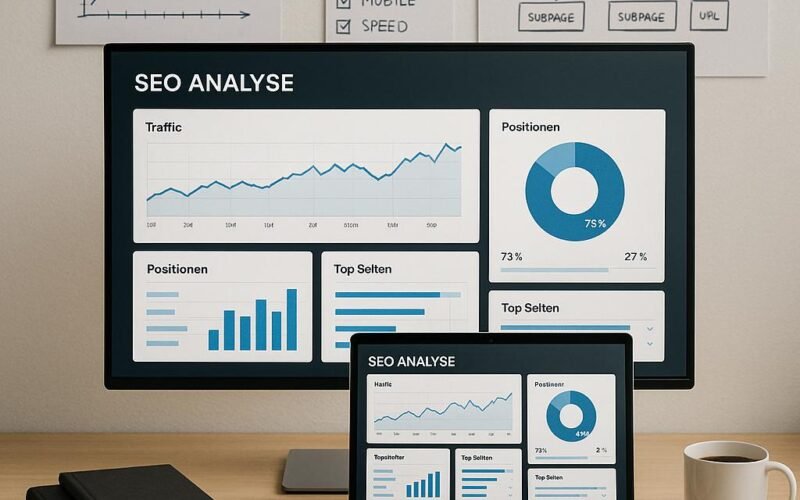 Arbeitsplatz mit Laptop, großem Monitor, Whiteboards und SEO-Diagrammen, umgeben von Notizbüchern, Kaffee und Smartphone, strahlt Konzentration aus