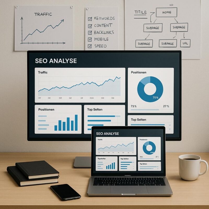 Arbeitsplatz mit Laptop, großem Monitor, Whiteboards und SEO-Diagrammen, umgeben von Notizbüchern, Kaffee und Smartphone, strahlt Konzentration aus