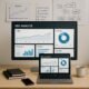 Arbeitsplatz mit Laptop, großem Monitor, Whiteboards und SEO-Diagrammen, umgeben von Notizbüchern, Kaffee und Smartphone, strahlt Konzentration aus