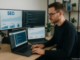 Professioneller männlicher Bloggger sitzend an modernem Schreibtisch mit mehreren Monitoren, die SEO-Daten, Code und Website-Performance anzeigen, in minimalistischer Büroumgebung