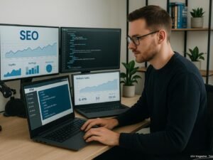 Professioneller männlicher Bloggger sitzend an modernem Schreibtisch mit mehreren Monitoren, die SEO-Daten, Code und Website-Performance anzeigen, in minimalistischer Büroumgebung