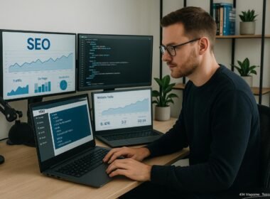 Professioneller männlicher Bloggger sitzend an modernem Schreibtisch mit mehreren Monitoren, die SEO-Daten, Code und Website-Performance anzeigen, in minimalistischer Büroumgebung