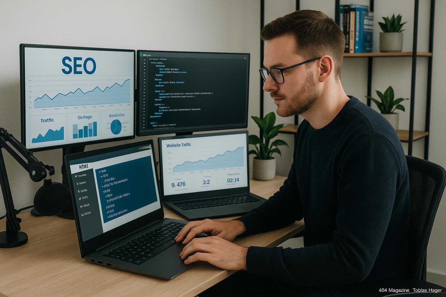 Professioneller männlicher Bloggger sitzend an modernem Schreibtisch mit mehreren Monitoren, die SEO-Daten, Code und Website-Performance anzeigen, in minimalistischer Büroumgebung