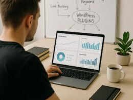 Moderne Arbeitsumgebung mit Entwickler, Laptop, Whiteboard mit SEO-Strategien und WordPress-Plugins, Notizbüchern, Kaffee und Pflanze