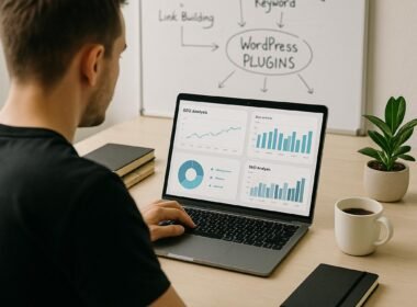 Moderne Arbeitsumgebung mit Entwickler, Laptop, Whiteboard mit SEO-Strategien und WordPress-Plugins, Notizbüchern, Kaffee und Pflanze